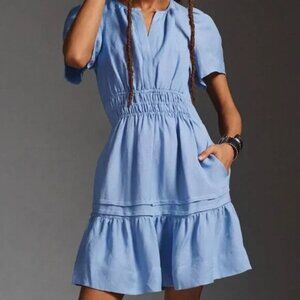 ANTHROPOLOGIE The Somerset Mini Dress Linen Edition in Light Blue Size Small EUC